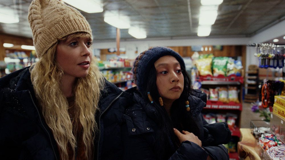 Natasha Lyonne as Charlie Cale and Stephanie Hsu as Morty standing in a convenience store