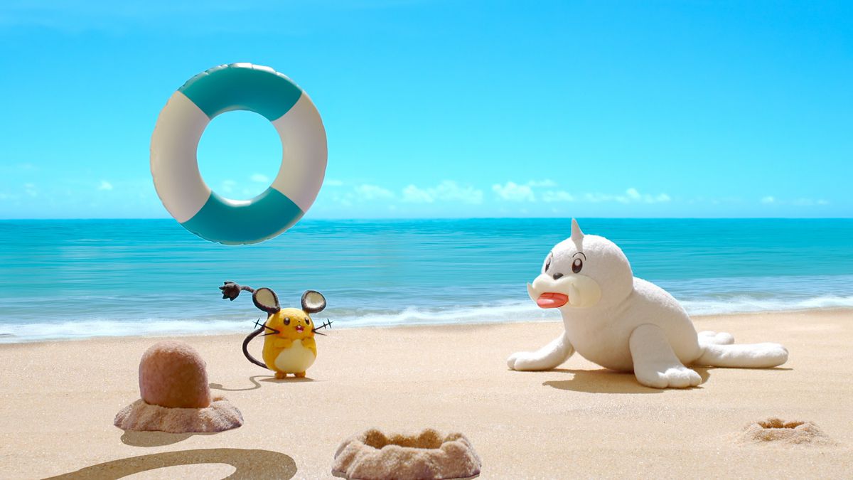 Seel, Dedenne och Diglett spelar volleyboll på stranden