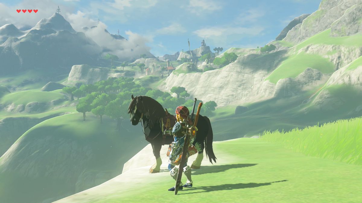 Link och en svart häst tittar bort från en sluttning i Breath of the Wild