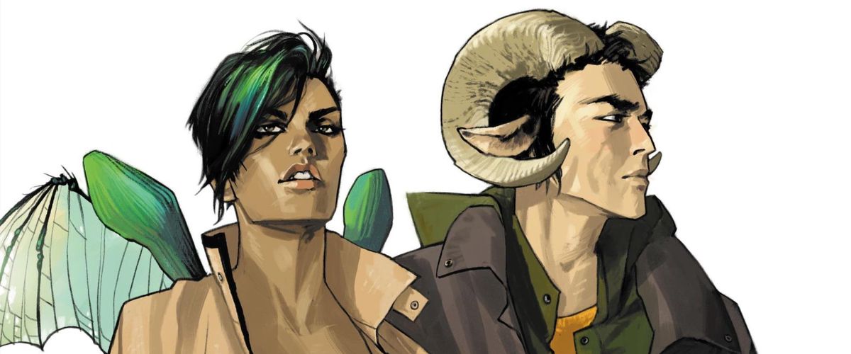 Alana och Marko, de vuxna huvudrollerna i Saga.  Alana har brun hud och genomskinliga, gröna insektsformade vingar, medan Marko har de spetsiga öronen och krullande hornen som en bergvädur.  Från omslaget till Saga #1, Image Comics (2012).