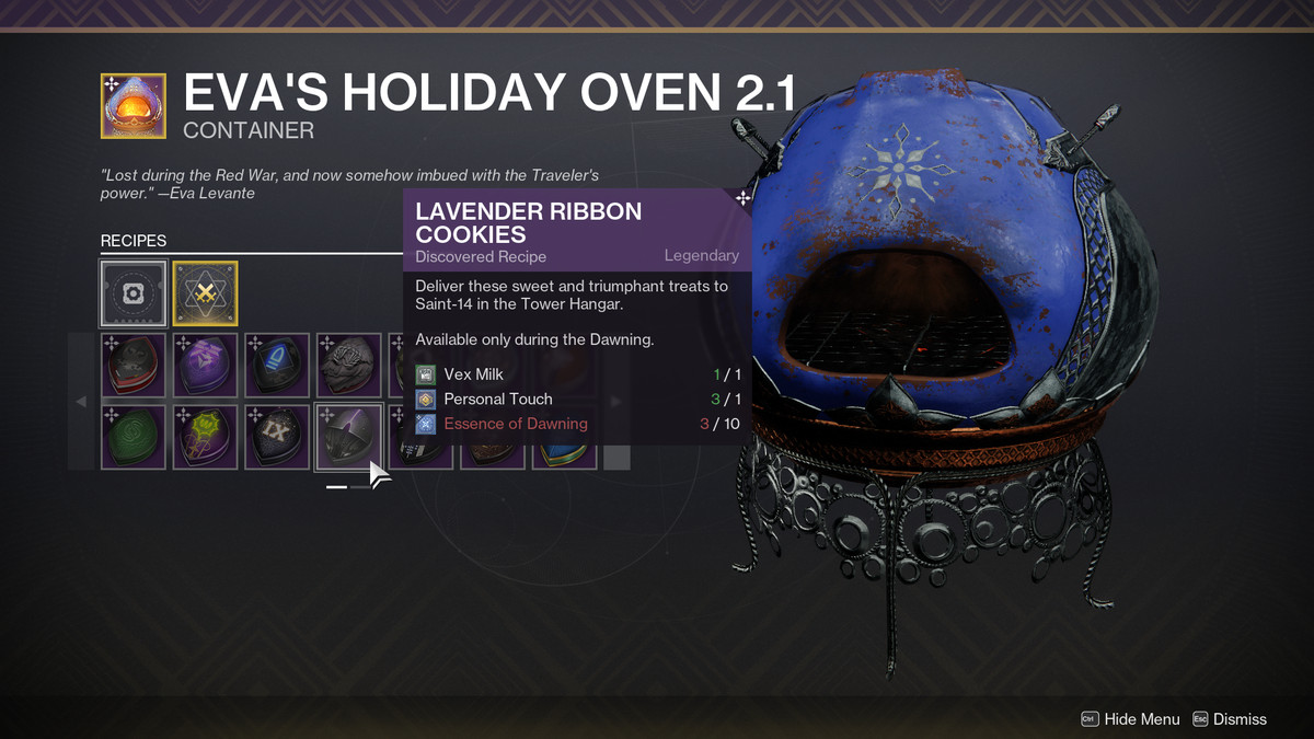 En markör svävar över receptet Lavender Ribbon Cookies i Destiny 2:s The Dawning-evenemang