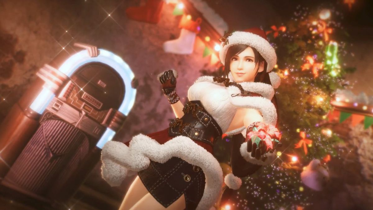 Tifa bär en kostym med jultema i Final Fantasy 7 Ever Crisis