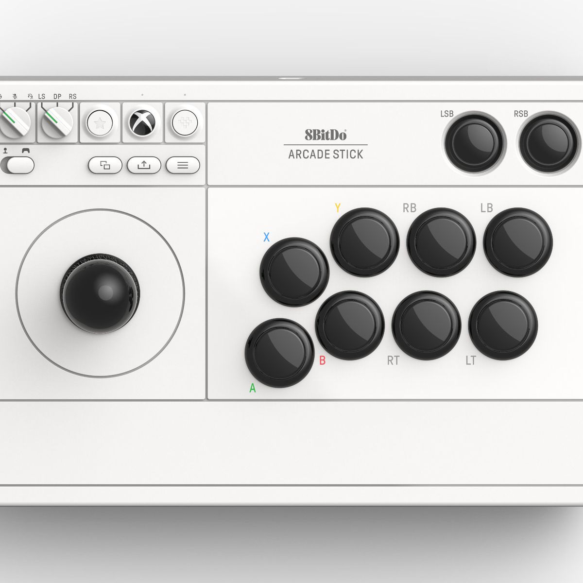 Den vita 8BitDo Arcade Stick för Xbox med svarta knappar.