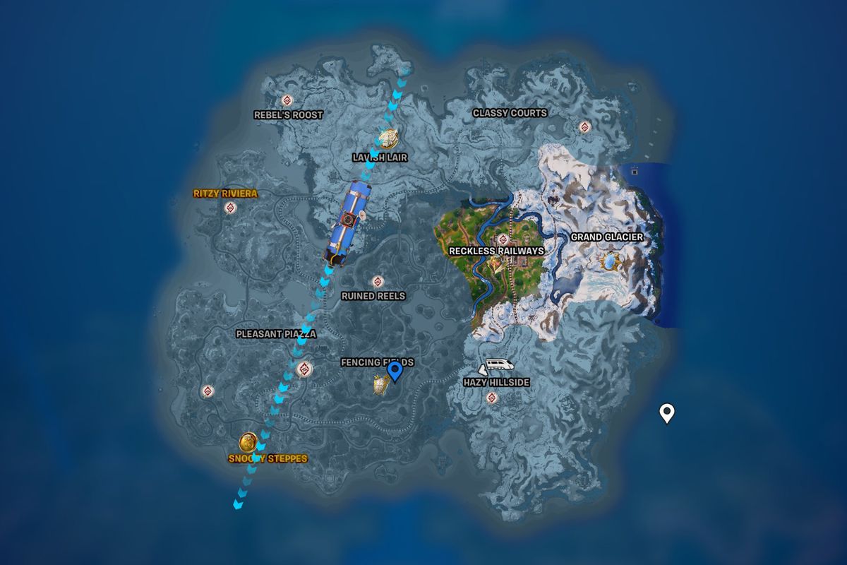 En karta över Fortnite säsong 5-ön med stridsbussen flygande ovanför.