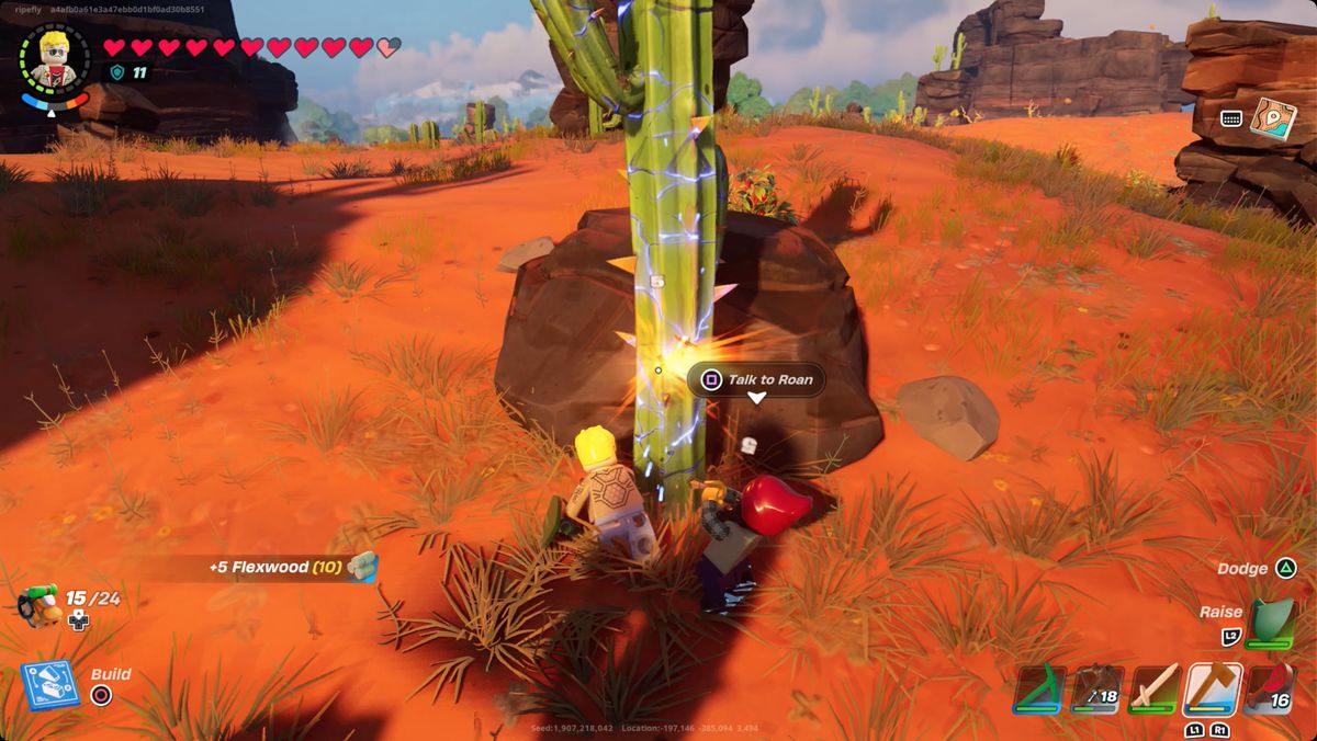 Lego Fortnite character cutting down a cactus in the Dry Valley desert to harvest flexwood