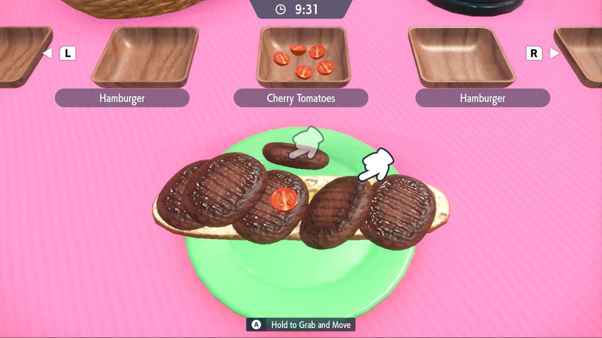 Spelare kämpar för att placera hamburgare och körsbärstomater på en smörgås i Pokémon Scarlet eller Violet