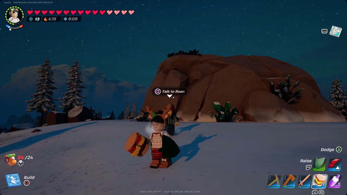 Lego Fortnite karaktär i snön med en kryddig hamburgare