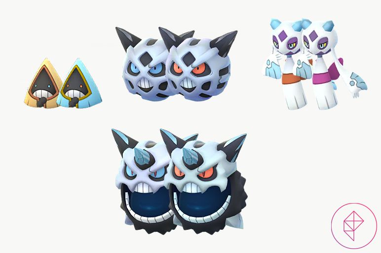 Snorunt, Glalie, Froslass och Mega Glalie med sina glänsande former i Pokémon Go.  Snorunt blir från orange till blått, Glalie får röda ögon och Froslass får ett rosa skärp istället för röd-orange.