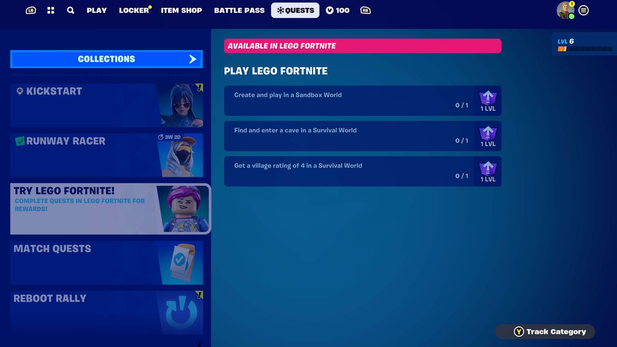 En meny visar en lista över utmaningar som ger XP i Lego Fortnite.