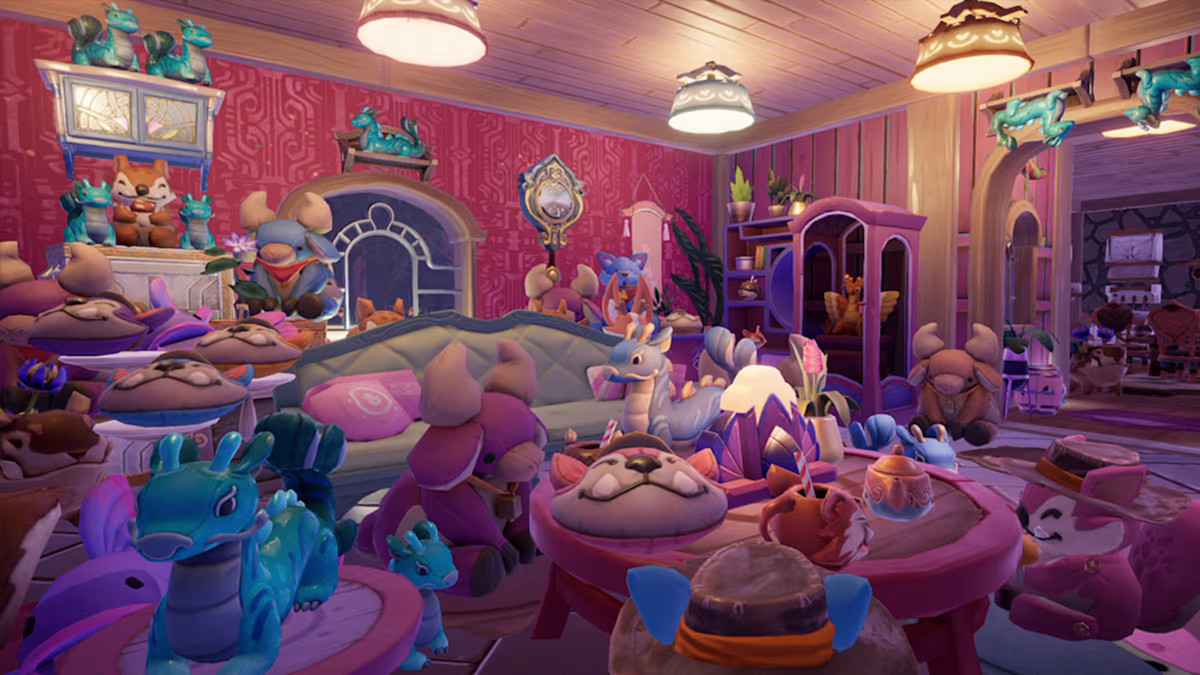 Ett spelarrum i Palia, som har rosa väggar, starkt ljus och massor av plyschar arrangerade bedårande över golvet.