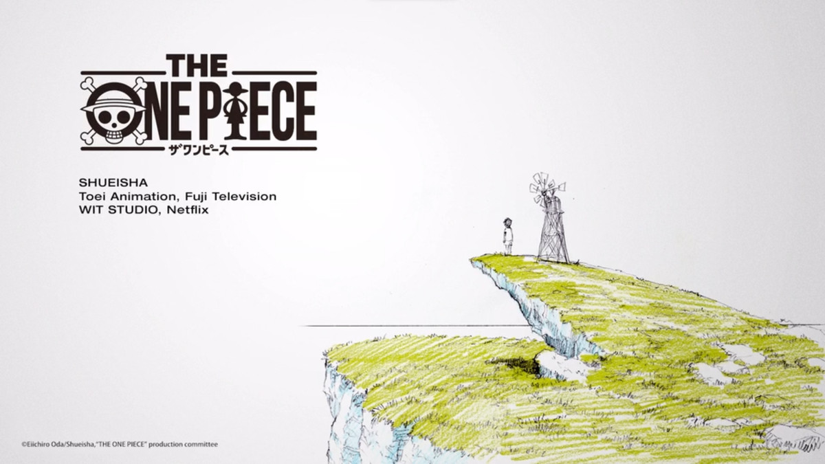 En närbild på den första officiella affischen för Netflixs Wit Studio-remake av One Piece-animen, med en skissad figur som står på en klippa bredvid en liten väderkvarn