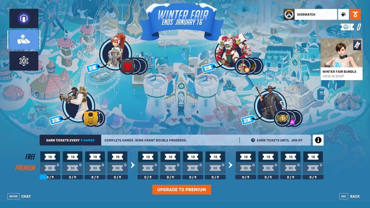 En grafik från Overwatch 2 som visar Winter Fair Event Pass , som är utformad som Blizzardworld temaparkkarta i spelet