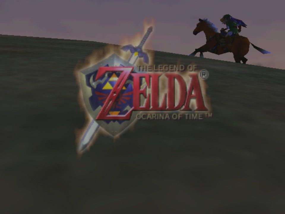 Titelskärmen för Zelda: Ocarina of Time, som visar spelets logotyp med Link som rider sin häst i siluett i bakgrunden