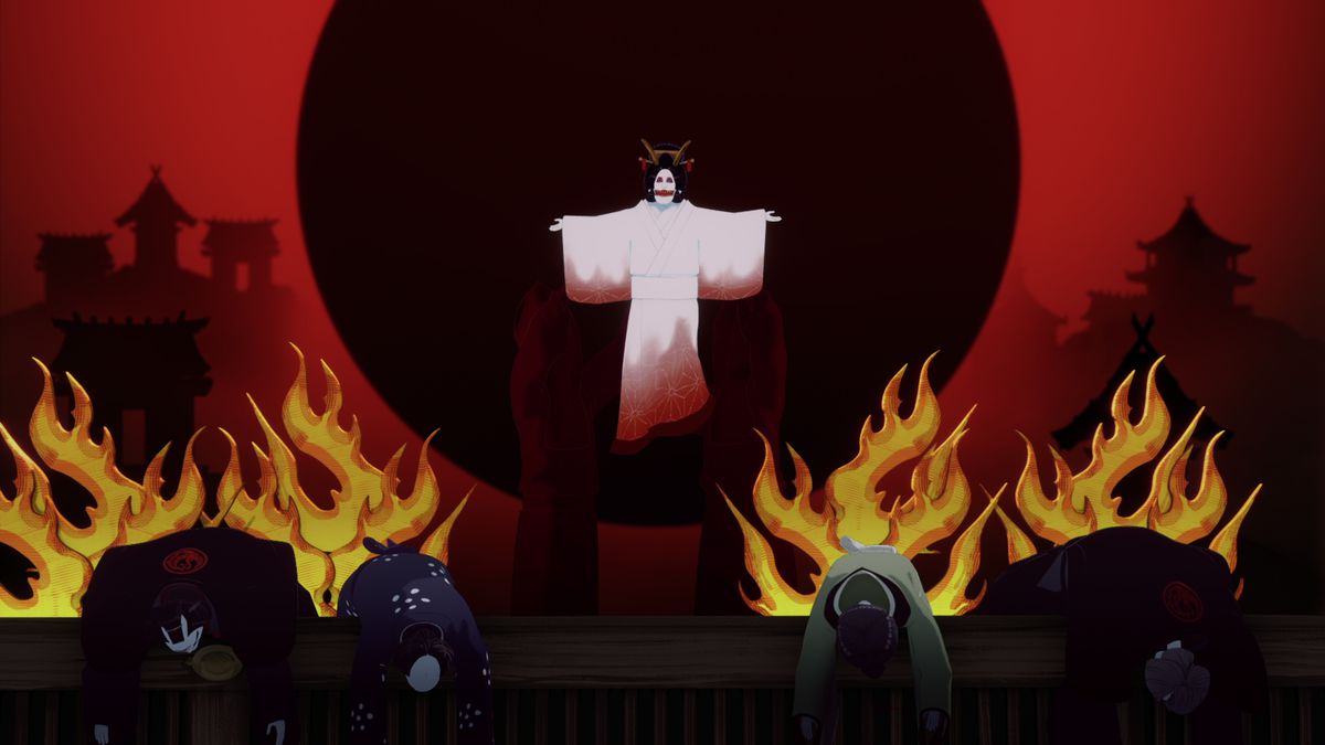 The Bride puppet rising above flames and other dead human puppets