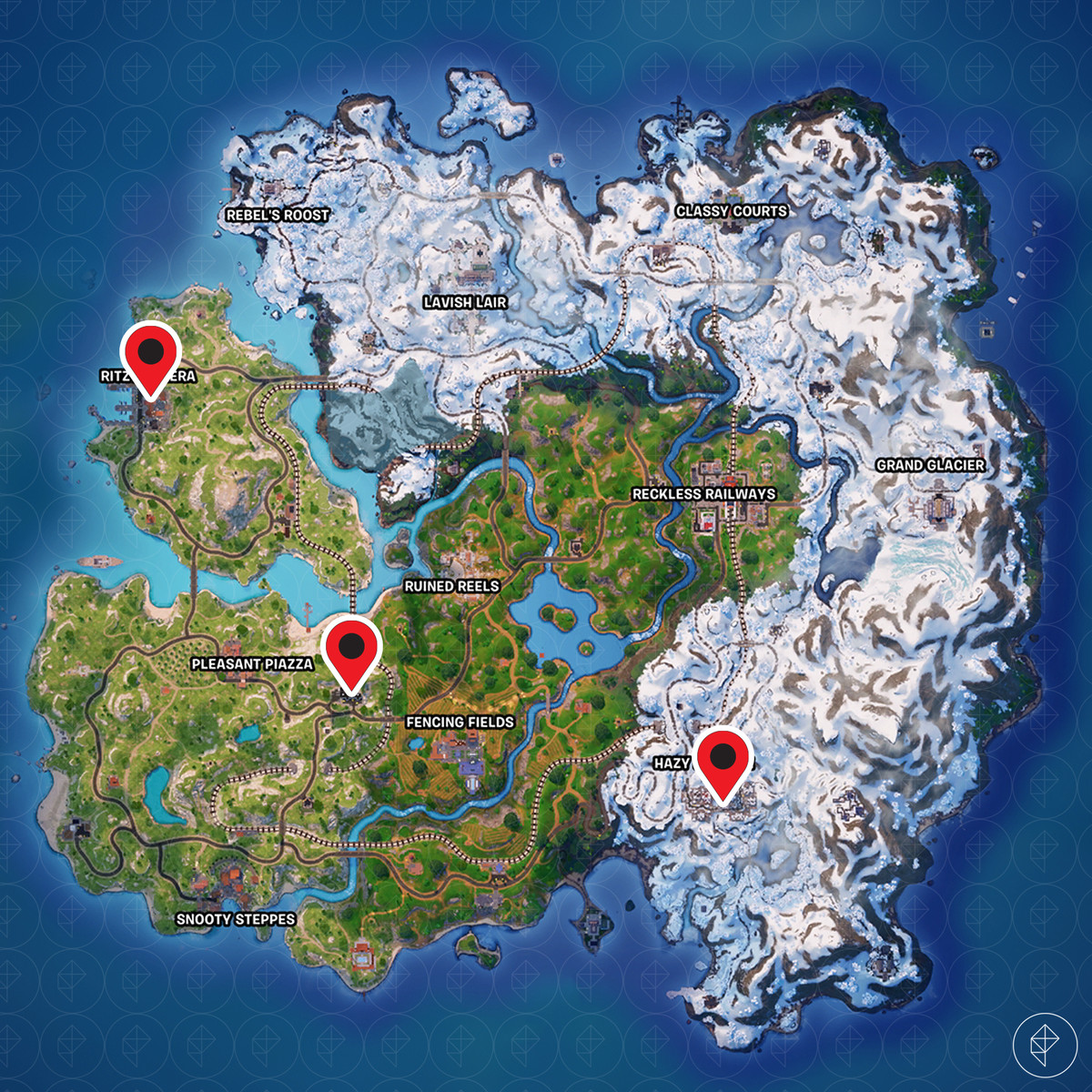 Fortnite Winterfest-karta som visar hotspots för hackade drönare