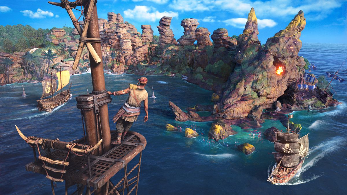 A pirate scouts from atop his very tall ship as mountains, other ships, and explosions appear in the distance in Skull & Bones