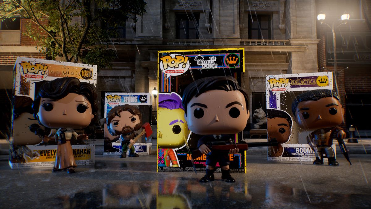 Funko Pop versions of Evelyn Carnahan from The Mummy, RJ Macready from The Thing, Number Five from The Umbrella Academy, and Boomer from Battlestar Galactica stand armed and ready in a rainy scene from Funko Fusion