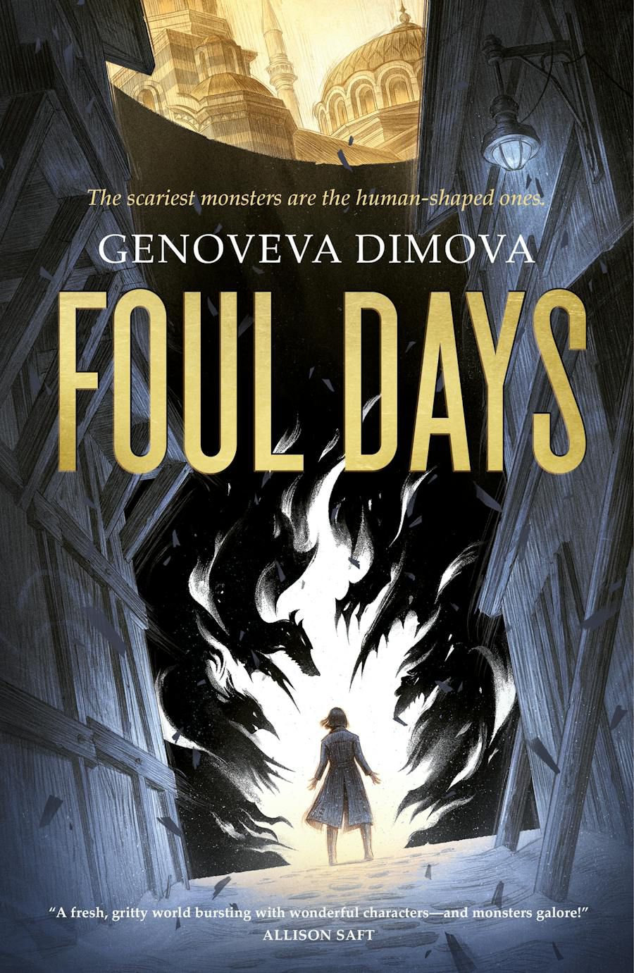 A figure is surrounded by what looks like demon spirits in the cover for Genoveva Dimova’s Foul Days