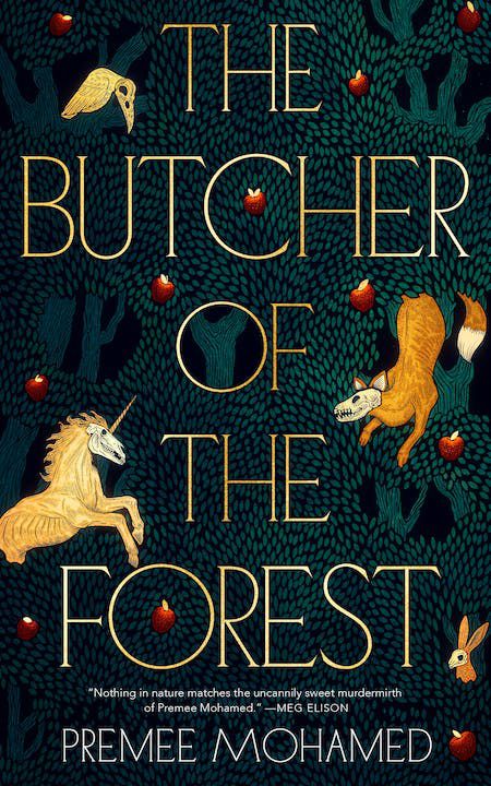 Animals with skulls for faces prance around a forest-like image in the cover for Premee Mohamed’s The Butcher of the Forest
