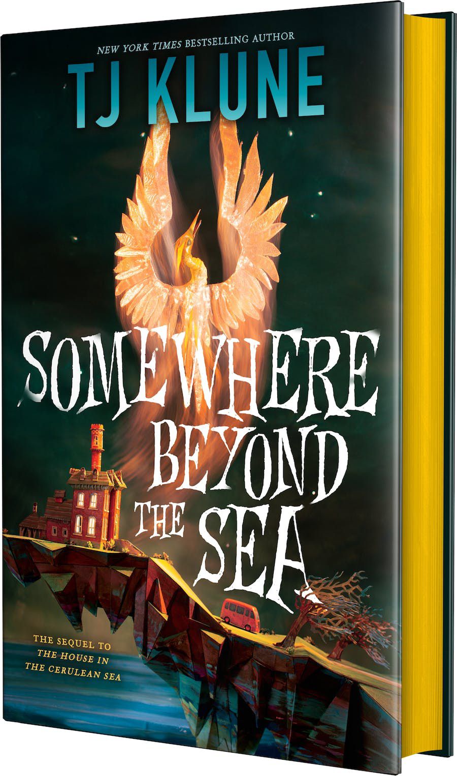 A winged creature appears to come out of a house on a cliff in the cover for TJ Klune’s Somewhere Beyond the Sea.