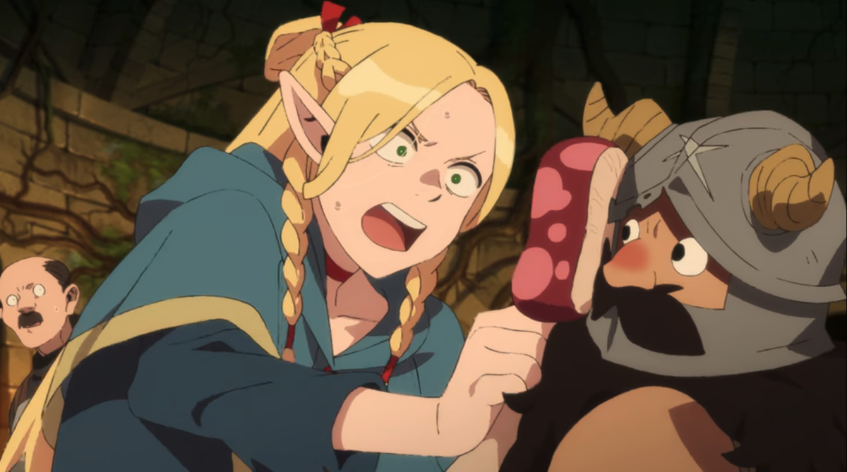 Marcille halvtomtens magiker knuffar rasande en svampskiva i Senshi dvärgens ansikte i Netflix's Delicious in Dungeon