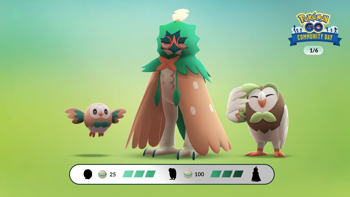 Rowlet, Decidueye och Dartrix står tillsammans i Pokémon Go med sina evolutionsgodisvärden under sig.