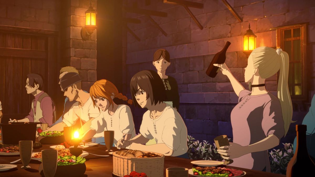 En grupp animekaraktärer sitter vid ett bord och äter mat i Drifting Dragons.
