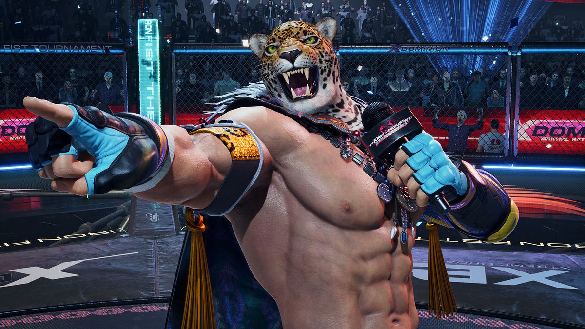 King points to an enemy fighter in the middle of an octagon in Tekken 8