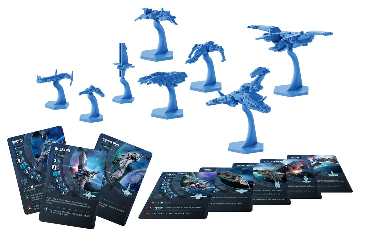 En flotta av blå rymdskeppsminiatyrer och diverse kort som beskriver deras kapacitet renderade på en vit bakgrund.