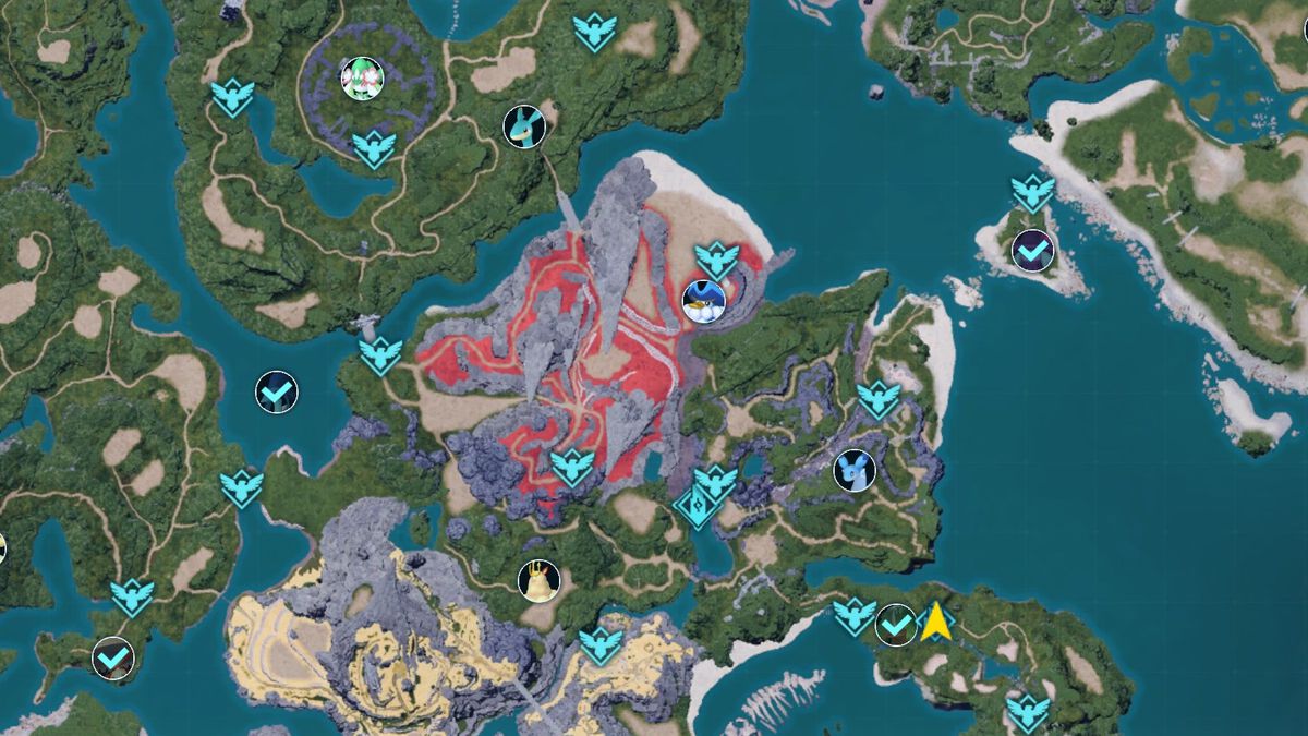 En karta över Palworld som visar placeringen av Alpha Pals chefer.