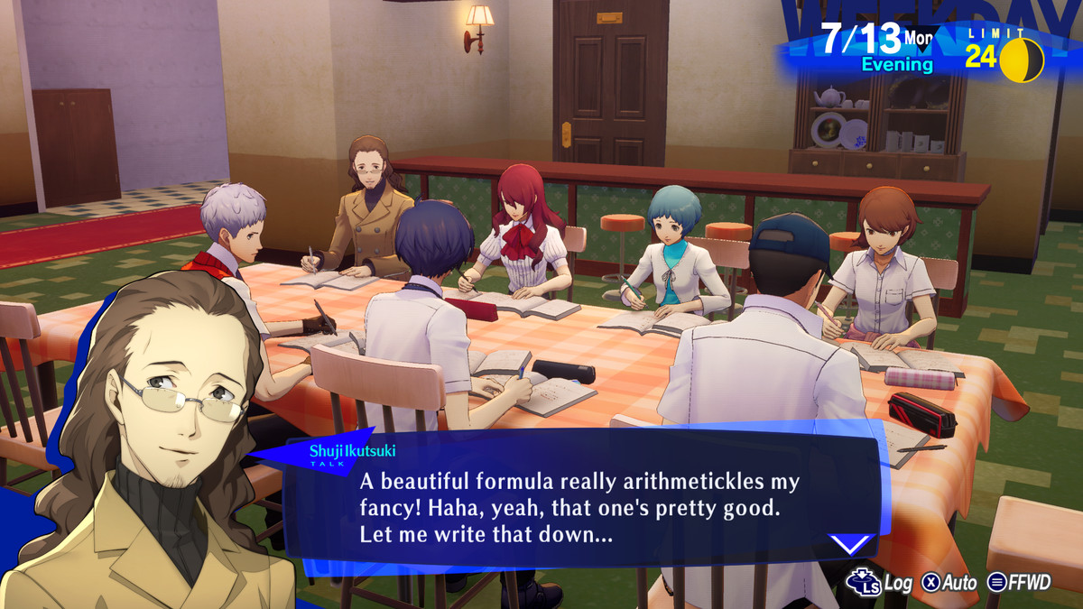 Gymnasieelever och lärare samtalar vid ett skolmötesbord i Persona 3 Reload