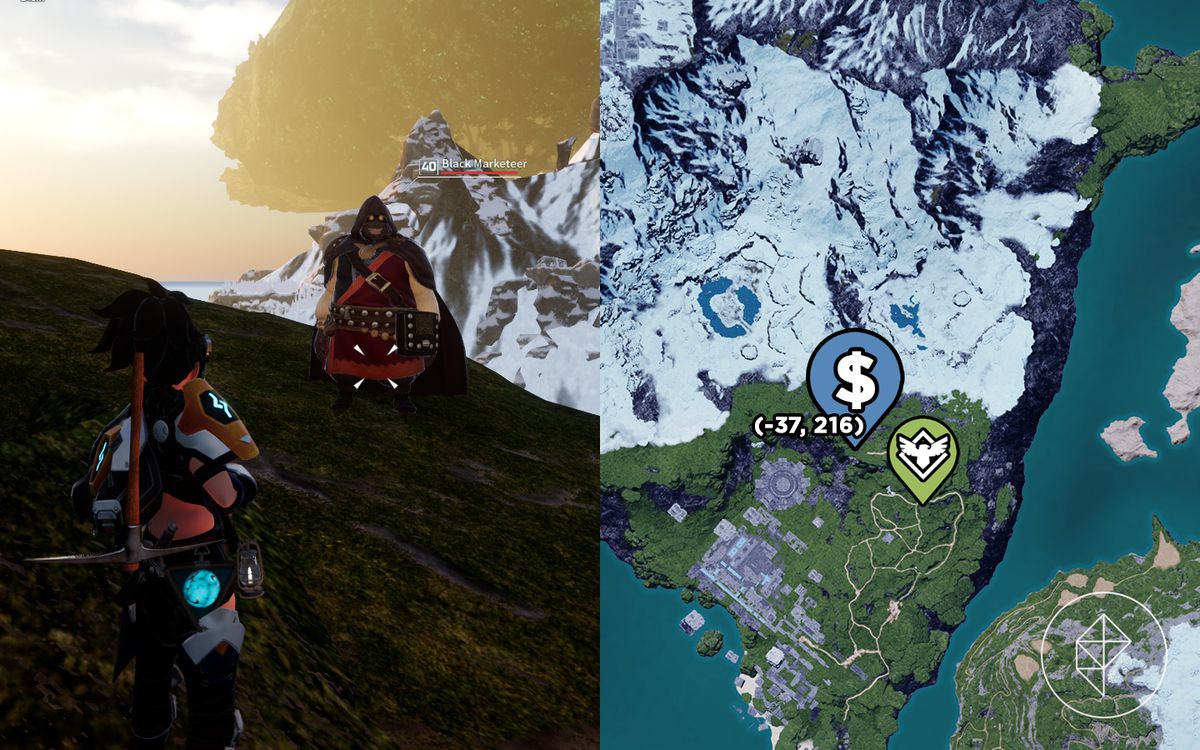 En karta som visar var man kan hitta en Palworld Black Marketeer nära ett snöigt berg.