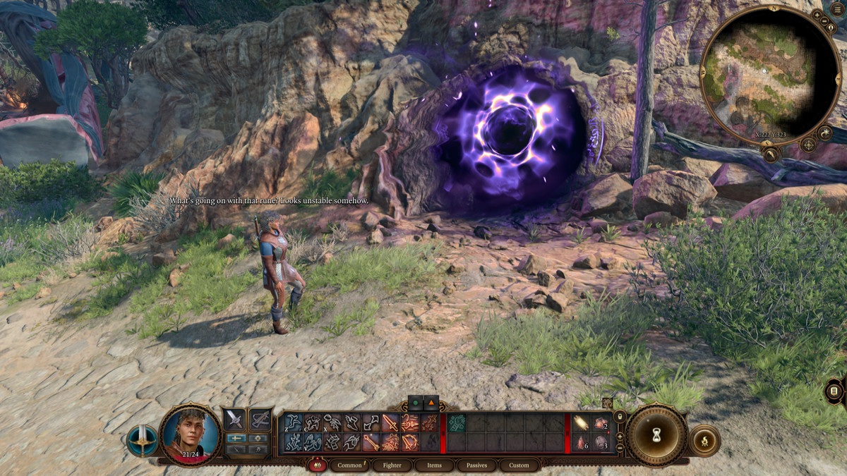 En karaktär i Baldur's Gate 3 står inför en lila, virvlande portal på en klippsida.
