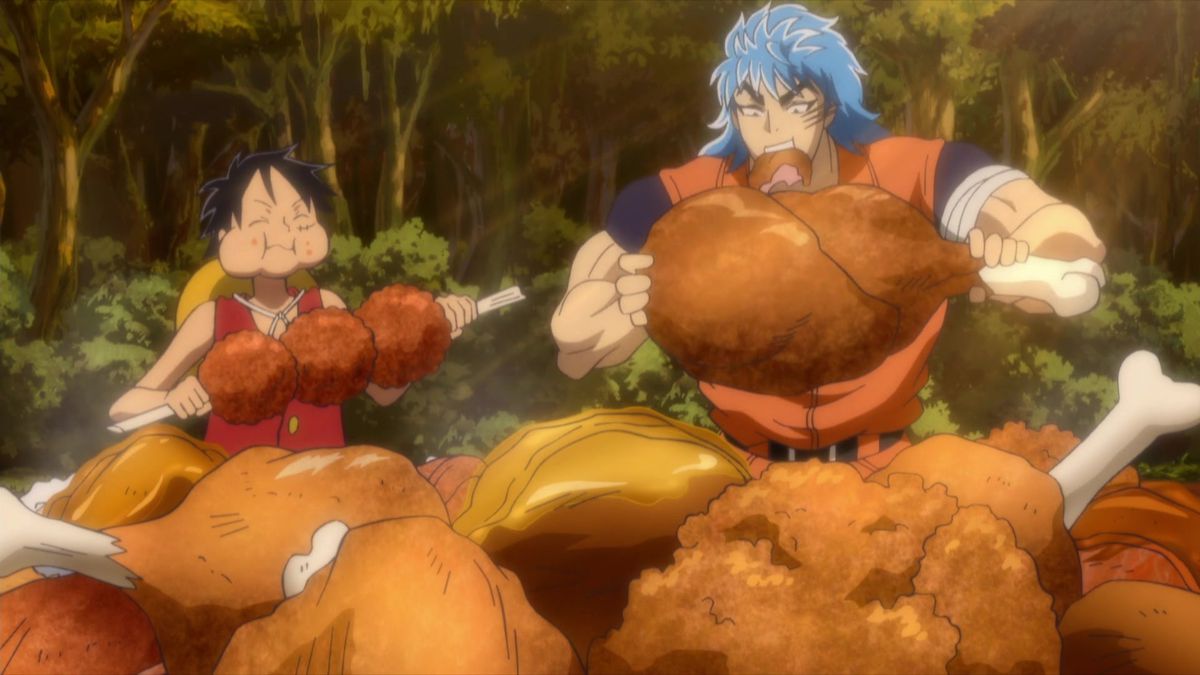 En svarthårig anime-pojke i en röd väst med en stråhatt som biter ner på en kabob kött bredvid en stor, blåhårig anime-man i en orange träningsoverall som äter en stor trumpinne.
