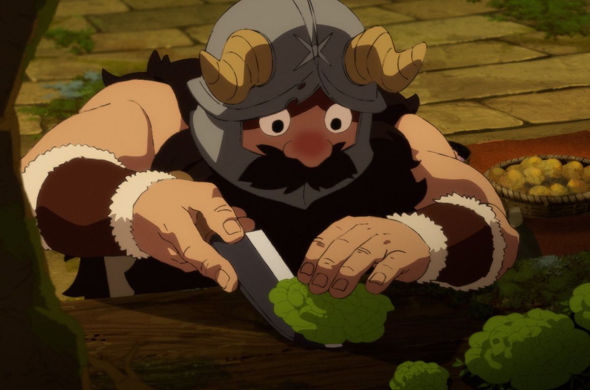 en skäggig dvärgkrigare som bär en behornad hjälm skär en bladgrönsak från en gren i Delicious in Dungeon