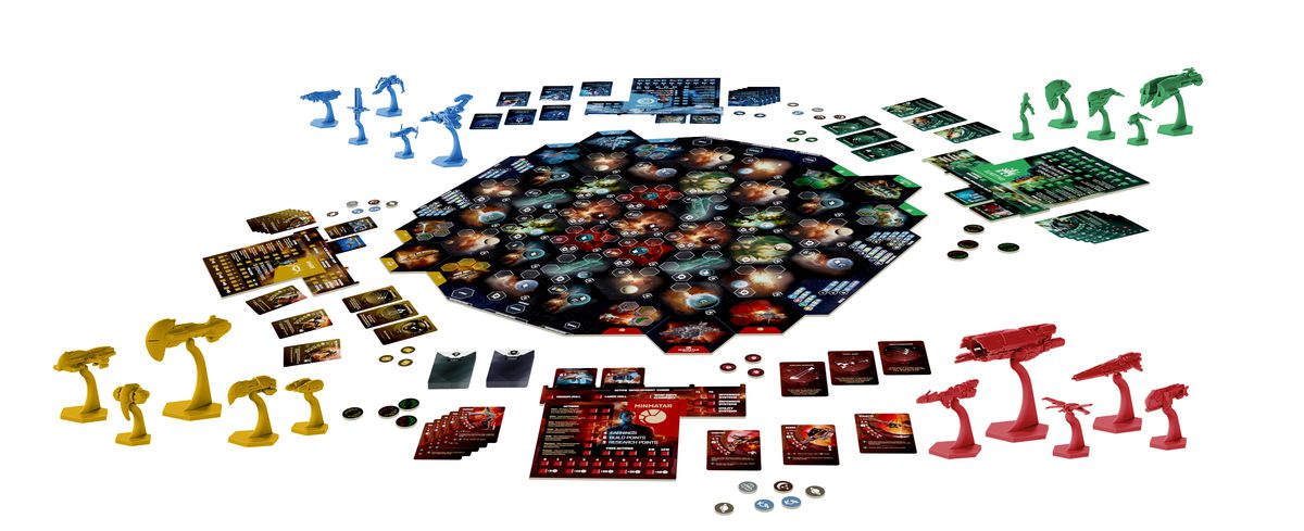 Ett spel av Eve: War for New Eden lagt ut på bordet, renderat i CGI.  Renderingen visar bara några av de många rymdskepp som är tillgängliga för strid.
