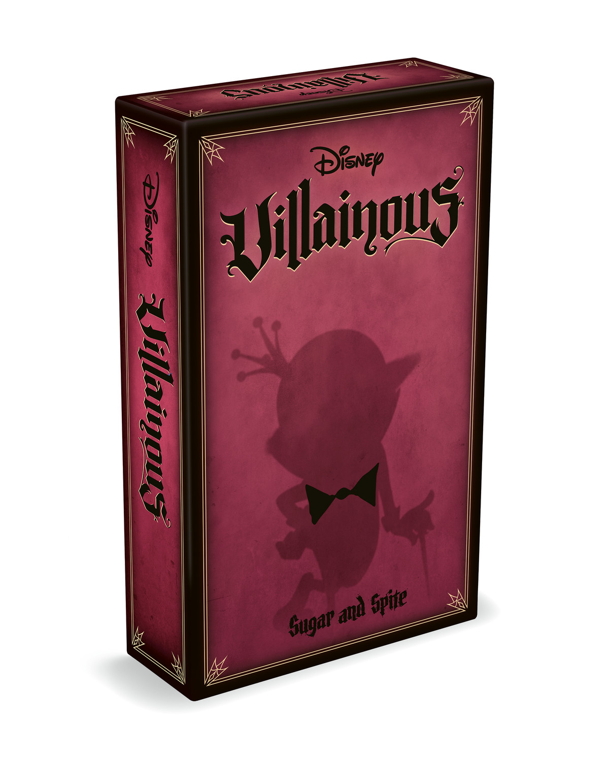 Boxen med Disney Villainous: Sugar and Spite-expansionen, i en röd färg och med en siluett av King Candy från Wreck-It Ralph