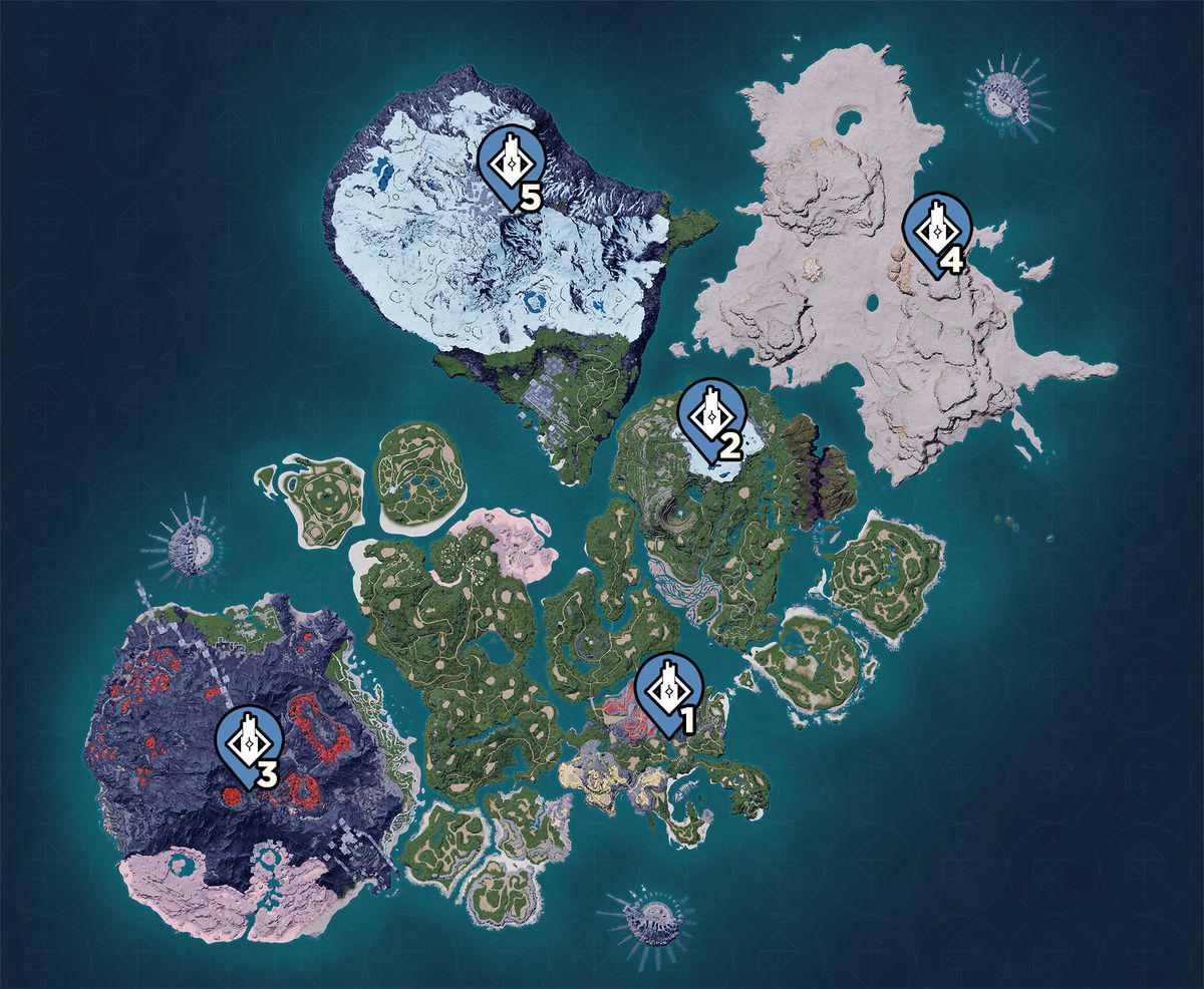 En karta som markerar placeringen av alla torn i Palworld
