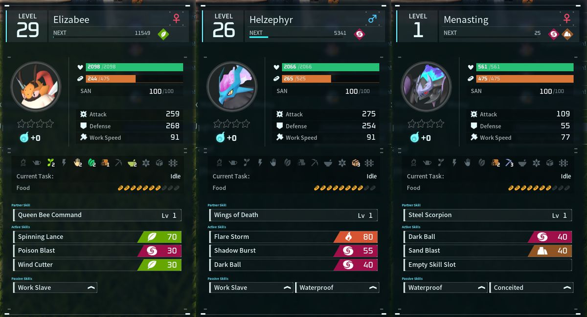 Tre kompisar från Palworld: Elizabee, Helzephyr och Menasting, med sina statistiska sidor