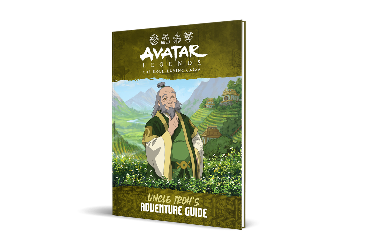 En mockup av Uncle Iroh's Adventure Guide, en källbok från Avatar Legends: The Roleplaying Game, där farbror Iroh smeker sitt skägg i ett jasminfält på omslaget. 