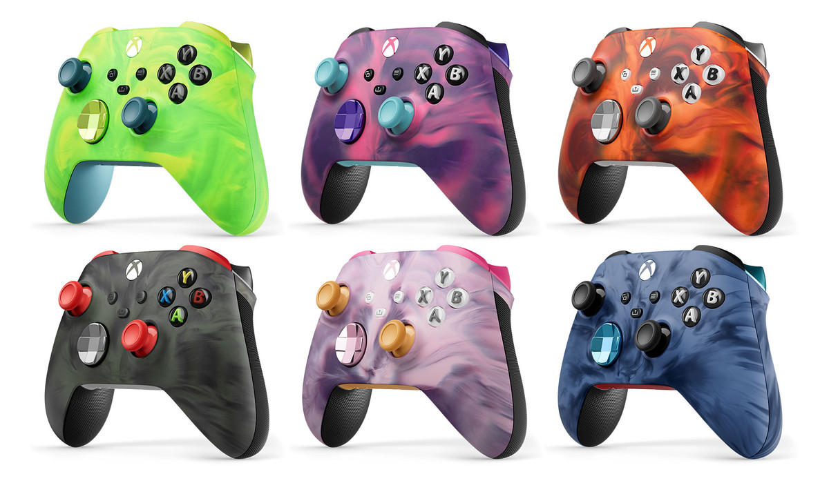 En bild med sex av de nya vapor colorways för Xbox Wireless Controller