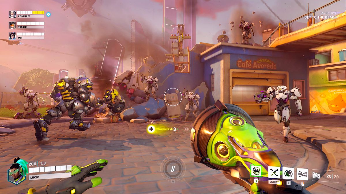 Ett exempel på ett stödgränssnitt från Lucios perspektiv, som visar Party Frame-hälsoindikatorer i Overwatch 2:s avbrutna PvE-läge