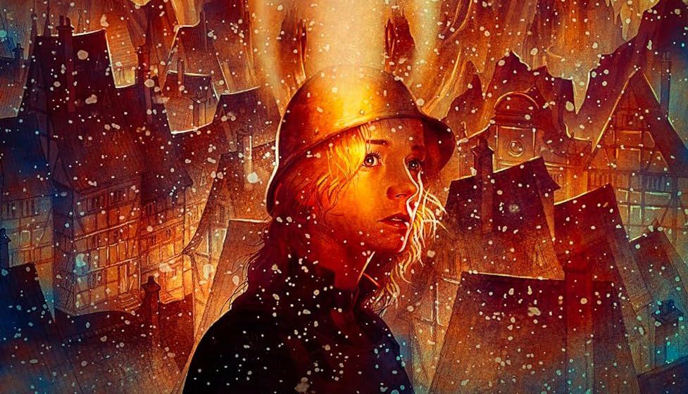 En detalj från det brittiska omslaget till Terry Pratchetts Discworld-roman The Fifth Element, med en ung person med lurvigt hår och en rundad hjälm placerad framför en stad som är starkt upplyst av orange, eldigt ljus