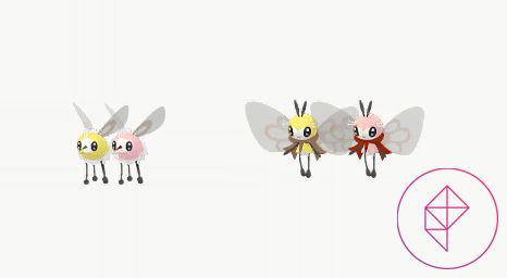 Shiny Cutiefly och Ribombee i Pokémon Go.  Båda blir rosa av gult.