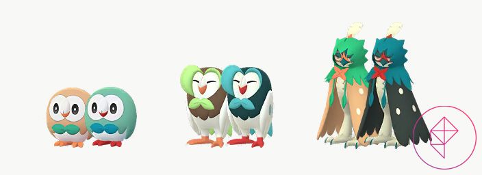 Shiny Rowlet, Dartrix och Decidueye i Pokémon Go med sina vanliga färgvariationer.  Rowlet blir mintgrön, Dartrix blir kricka och Decidueye blir mörkare grön med svarta och röda accenter.