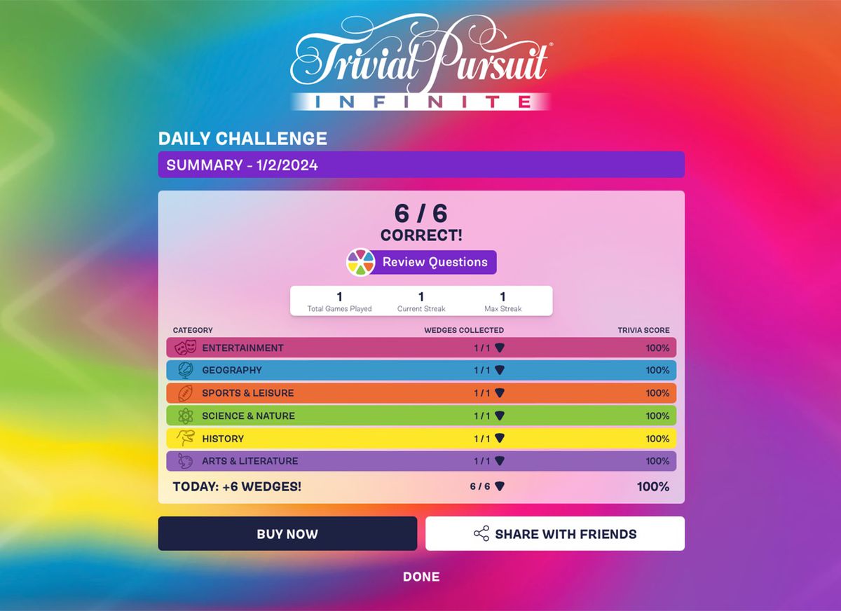 Resultatskärmen för Trivial Pursuit Infinites dagliga utmaning 