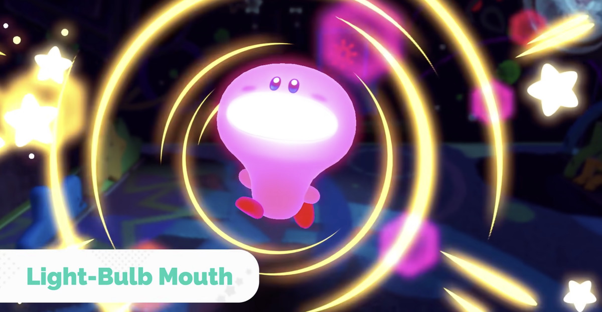 Kirby in Mouthful Mode, looking like a giant lightbulb