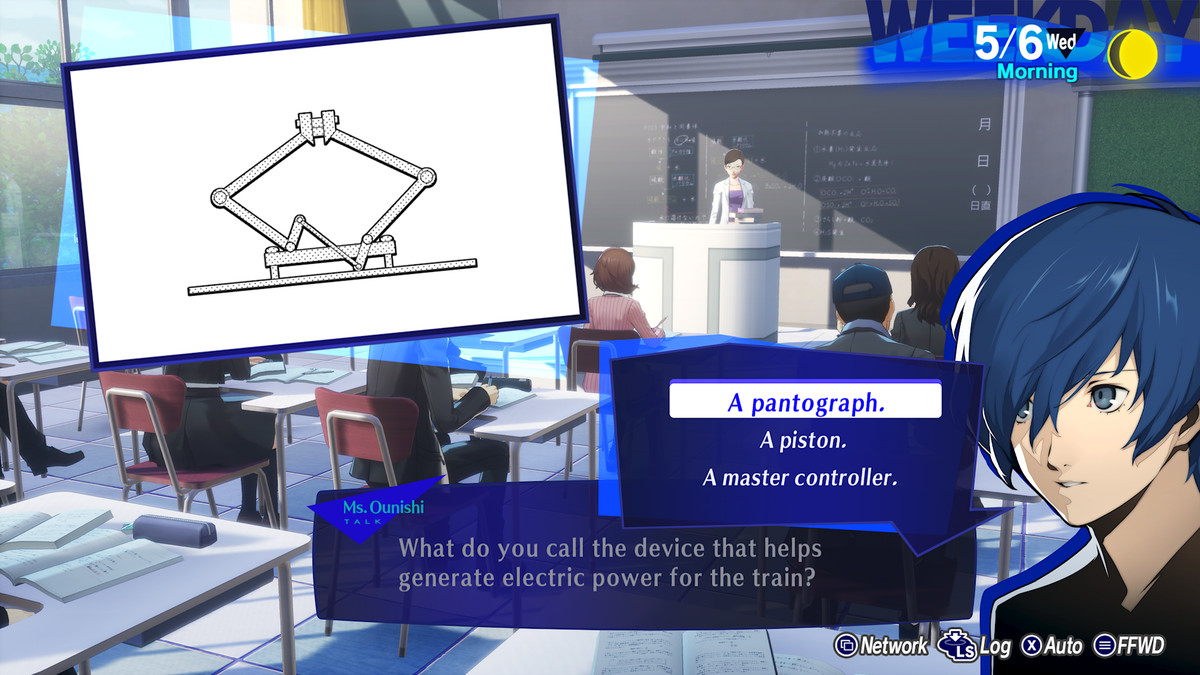 Huvudpersonen i Persona 3 Reload svarar på en klassrumsfråga