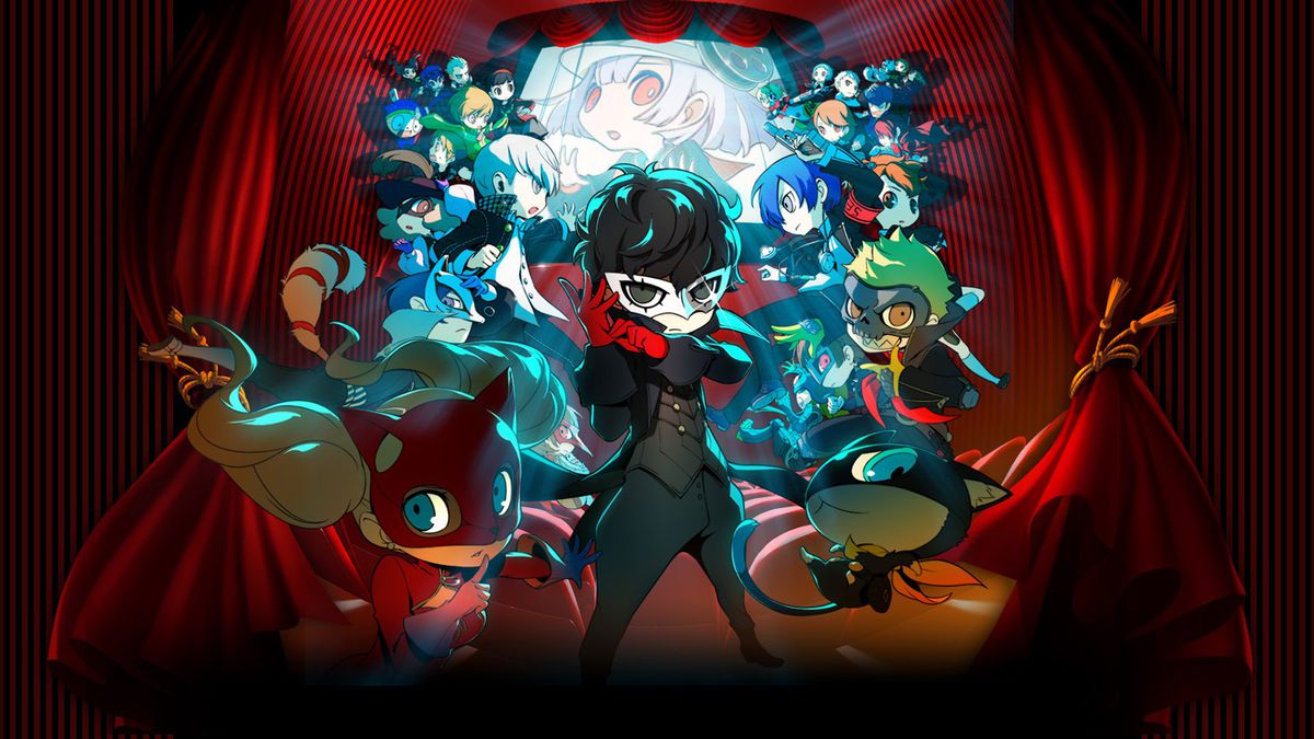 The characters of Persona Q2: New Cinema Labyrinth strike action poses behind a movie curatin