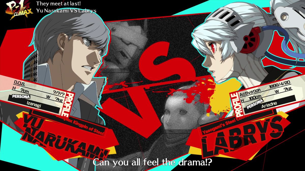 Yu Narukami and Labrys square off in Persona 4 Arena Ultimax, with text that says “Can you all feel the drama!?”